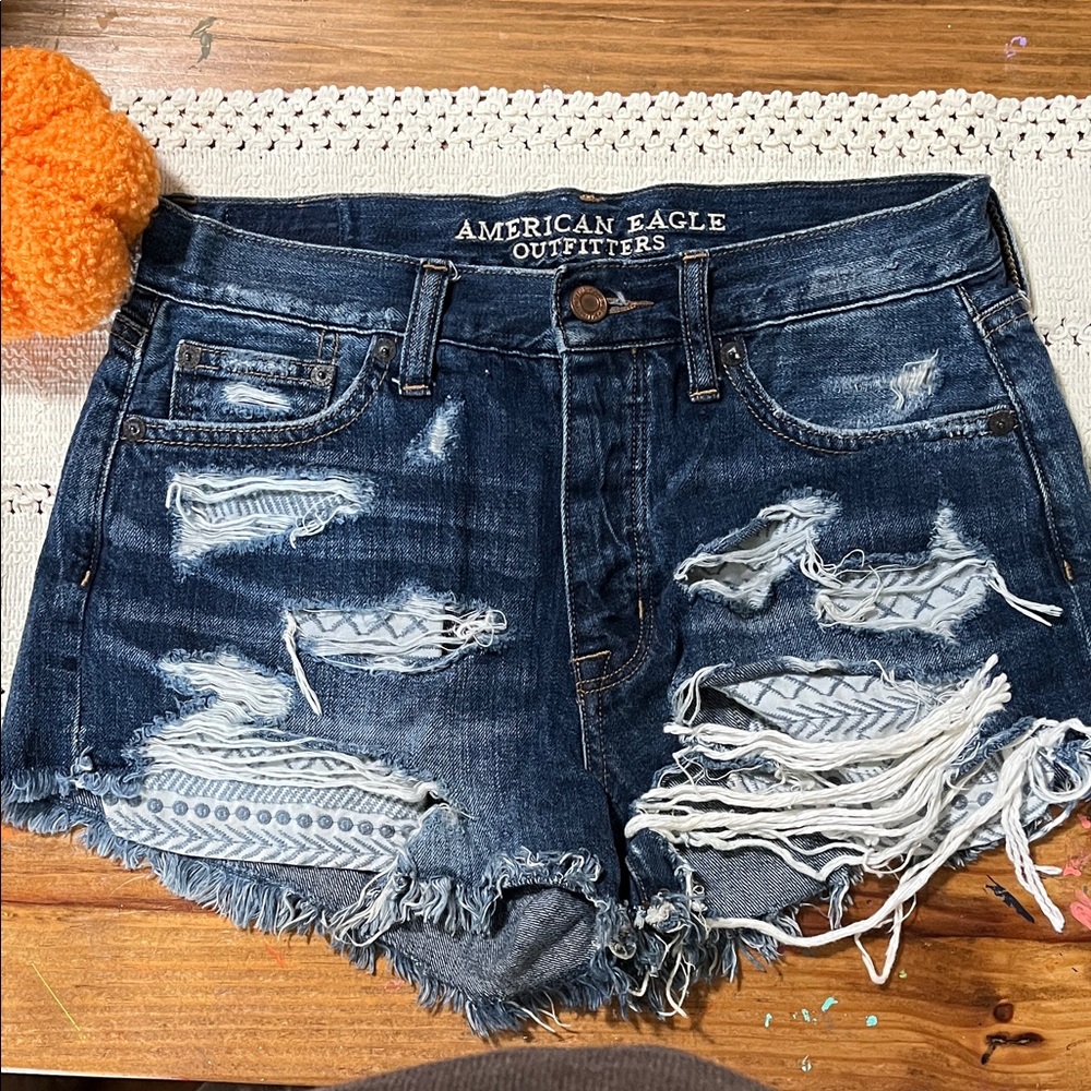 American Eagle Outfitters Ripped Jean Shorts - Dark Blue